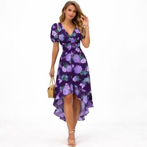 A New Day Purple Floral Dress Women’s Med High-Low Dress Puff Sleeves Spring NWT